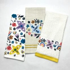 Patina Stores Set Of 3 Floursack Towels - Birds & Rainbows Kitchen